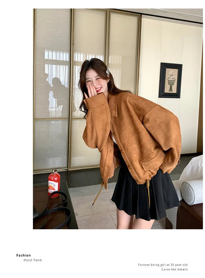 Retro Suede Short Jacket for Women in Spring and Autumn 2024 New Loose Fitting C