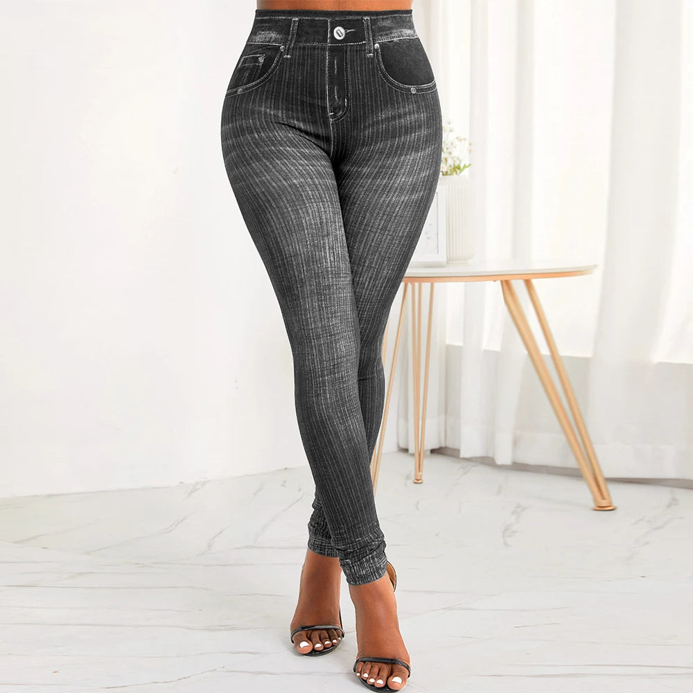 Leggings estampa feminina de elástico na cintura falsa denim, elástico, ajuste