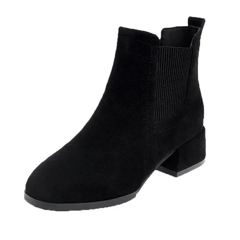 Women's Slip-On Ankle Boots – Autumn/Winter Round Toe Booties with 3.5cm Square Heel in Black & Camel (Sizes 35-43)