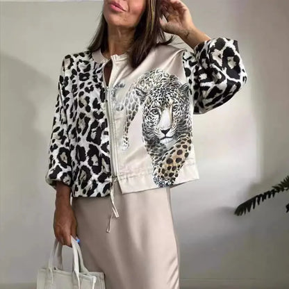 Women Leopard Print Jackets Long Sleeve Zipper Outerwear O-neck 2024 Spring Autu