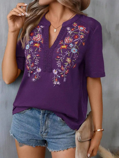 Vintage Summer V-Neck Lace Blouse – Casual Embroidered Loose Top for Vacation & Everyday Wear