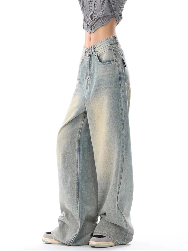 Women's American Vintage Washed Thin Jeans Street Casual Neutral Style Blue Denim Trousers Female High Waist Straight Pants