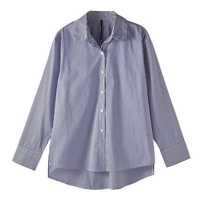 Women's Classic Striped Lantern-Sleeve Blouse – Loose-Fit Stand-Collar Top for Spring & Autumn