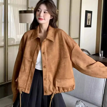 Retro Suede Short Jacket for Women in Spring and Autumn 2024 New Loose Fitting C