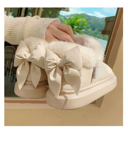 Women's Winter Bow-Knot Ankle Boots – Plush, Insulated, Waterproof PU Cotton Home Slippers