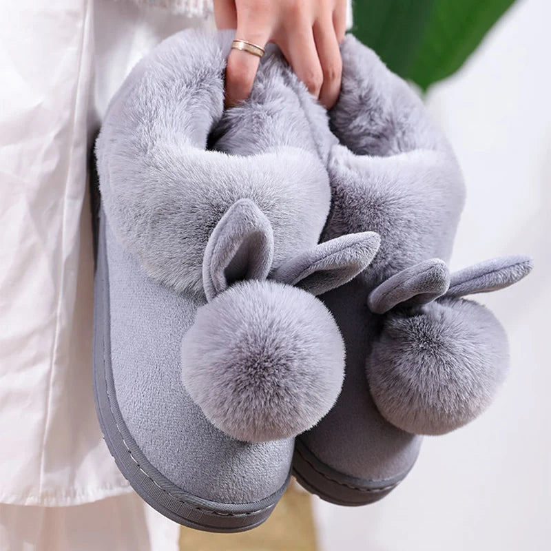 Women's Indoor Winter Fur Boots – Cozy Rabbit Slippers with Furry Ears & Fluffy Ankle Design