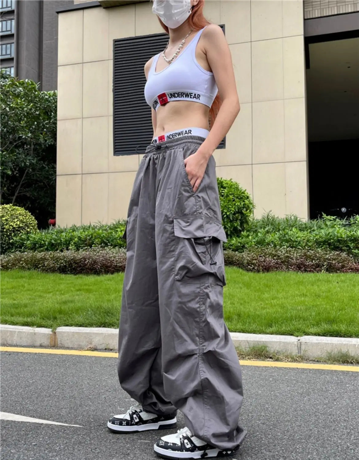 Y2k pára-quedas calças pretas mulheres hippie streetwear bolsos grandes calça