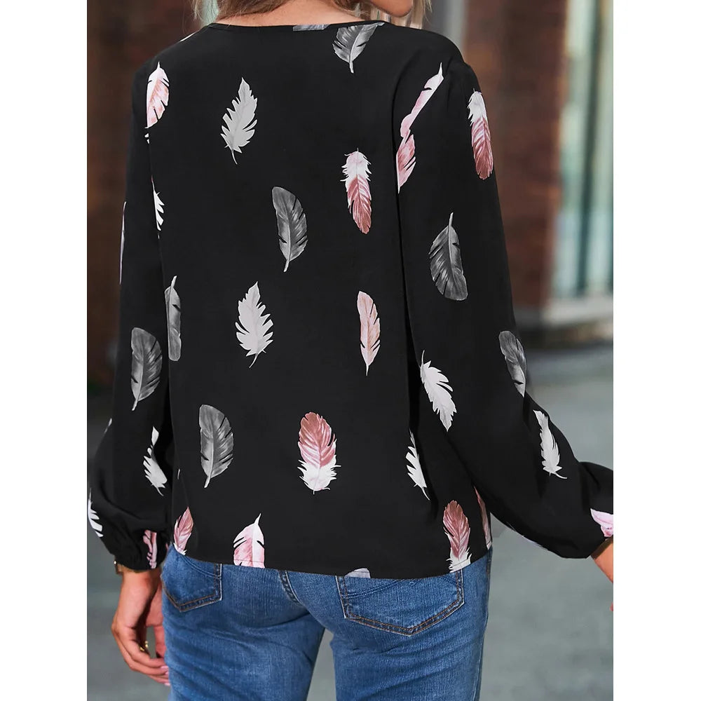 Women’s Feather-Pattern Chiffon Blouse – Elegant Long-Sleeve Fashion Top