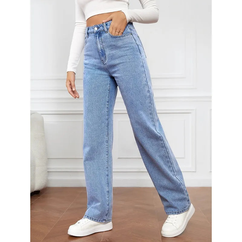 Women’s High-Waisted Straight-Leg Stretch Jeans - Washed Button-Zip Denim, Trendy Spring/Summer 2022 Fashion