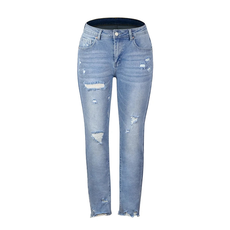 Jeans rasgado de cintura alta feminina, calça lápis stretch, moda casual stree