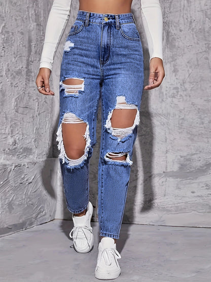 Jeans retrô americano furado para mulheres, cintura alta, virilha reta, solto,