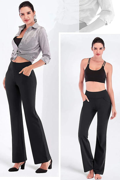 Women Flared Wide-leg Trousers High Waist Casual Yoga Pants Ladies Loose stretchy Pants With Pockets Female Career Long Trousers