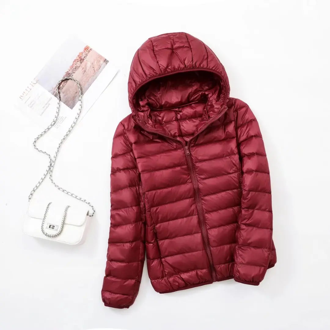 Jaqueta puffer curta com capuz para mulheres, casaco coreano slim fit, pato bran