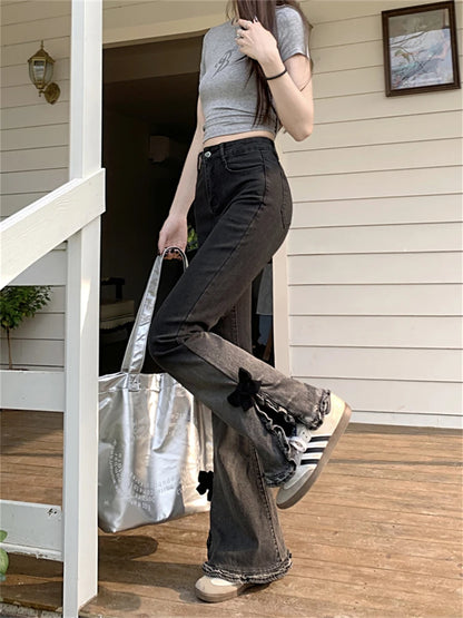 Women's Black Gray Gradient Split Design Flared Pants Street Style Bottoms Casual Denim Trousers Female High Waist Thin Jeans