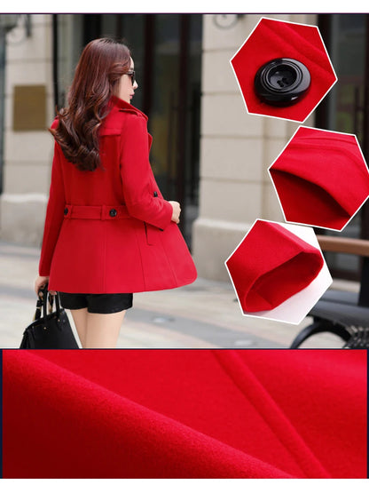 Autumn Winter Women Double Breasted Woolen Coat Solid Color Lapel Slim Fit Short