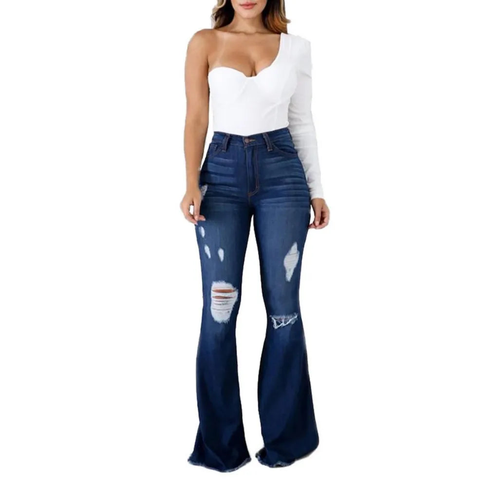 2023 New High Waist Ripped Flared Jeans For Women Fashion Slim Hip Lift Stretch Denim Pants Street Casual Female Trousers S-3XL