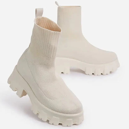 Women's White Platform Boots – Winter & Autumn Sock-Style Ankle Booties with Heels