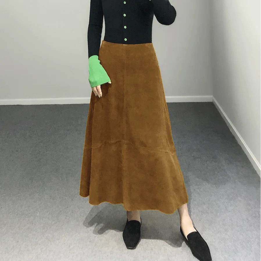 Women Purple Suede Leather Skirt 2024 Trend Spring Harajuku Big Hem 85 cm Long F