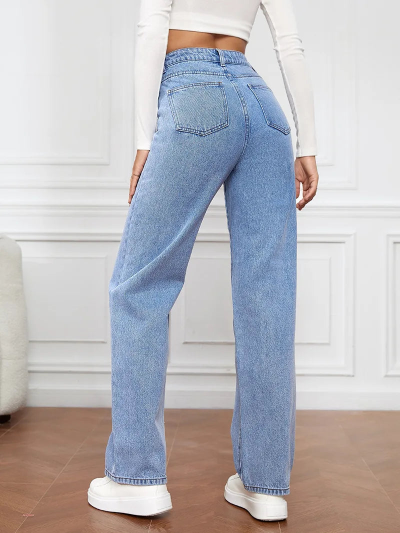 Women’s High-Waisted Straight-Leg Stretch Jeans - Washed Button-Zip Denim, Trendy Spring/Summer 2022 Fashion