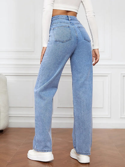 Women’s High-Waisted Straight-Leg Stretch Jeans - Washed Button-Zip Denim, Trendy Spring/Summer 2022 Fashion