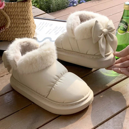 2024 Women's Waterproof Winter Ankle Boots – Cute Bow-Adorned Plush Cotton Lined Snow Boots