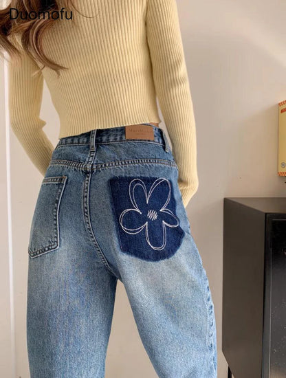 Duomofu Autumn Chic Floral Pocket Loose Straight Women Jeans New Classic Simple High Waist Slim Fashion Casual S-XL Female Jeans