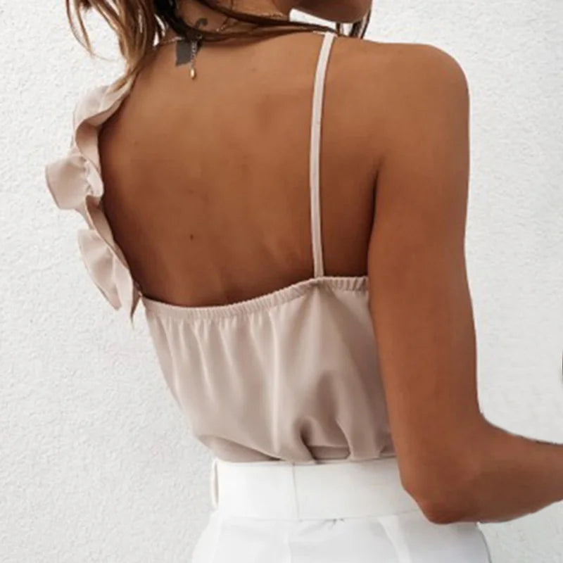 Women's Summer Blouse – Sexy V-Neck Ruffle Backless Spaghetti Strap Top for Office & Casual Wear