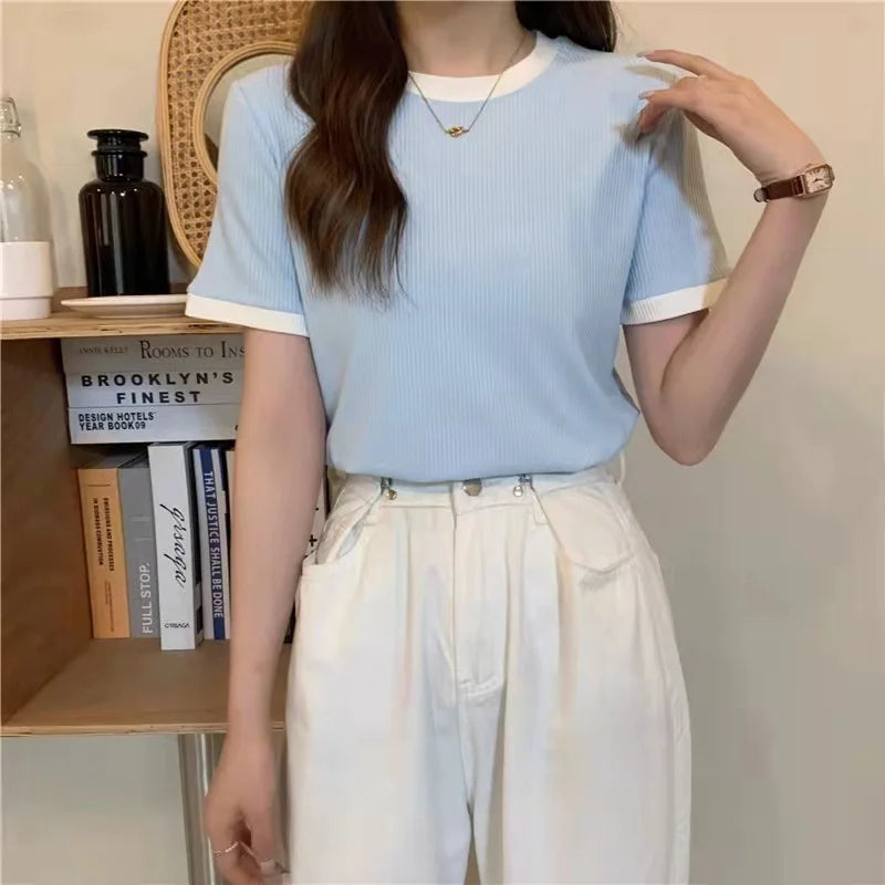 Summer Women's Pure Color T-Shirt – Elastic Slim-Fit, Large Round-Neck Lightweight Korean Casual Top