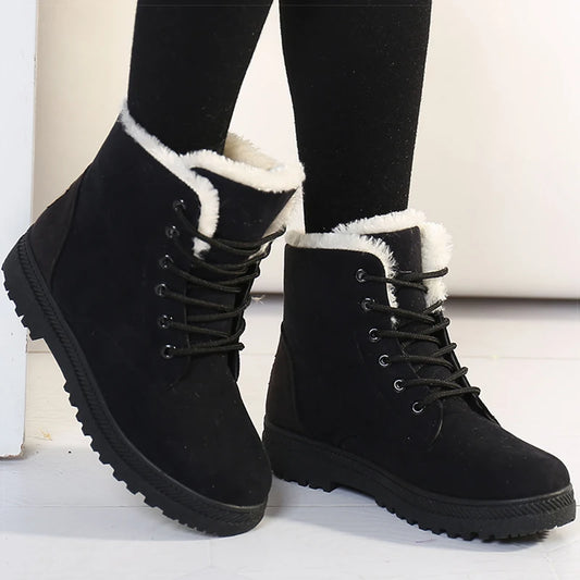 Women's Winter Fur-Lined Snow Boots – Cozy Low-Heel Ankle Footwear for Cold Days