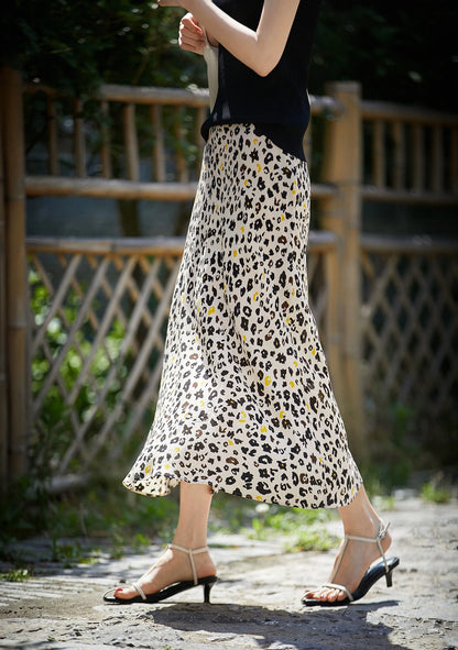 Birdtree, 100%Mulberry Silk Elegant Skirts, Women High Waist Leopard Printed, Fr