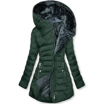 Women's Quilted Cotton Jacket with Zipper - Warm Faux Fur Collar Parka, Hooded Coat, Long Sleeve Trendy Winter Wear