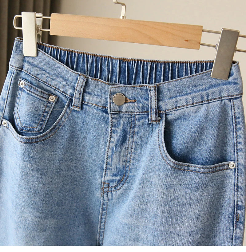 S-5XL Women Jeans Spring Autumn Elastic Waist Light Blue Loose Denim Pants 2023 New Harem Pants Female Casual Trousers