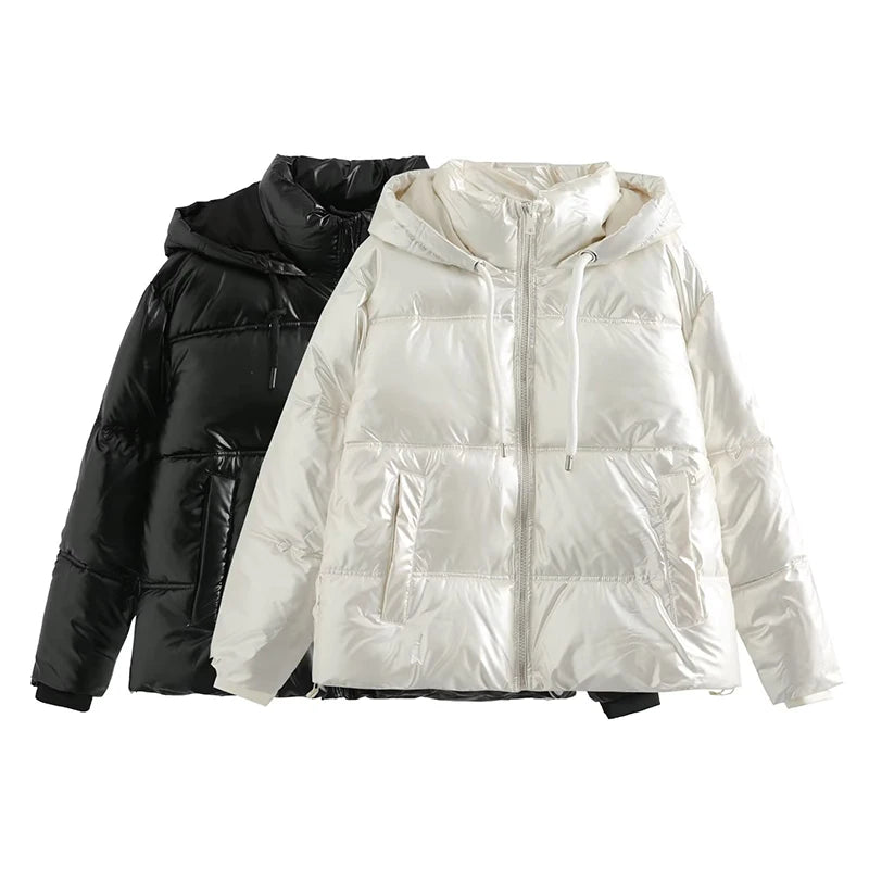 Women's Elegant Hooded Cotton Jacket - Warm Winter Parka, Black and White Cold W