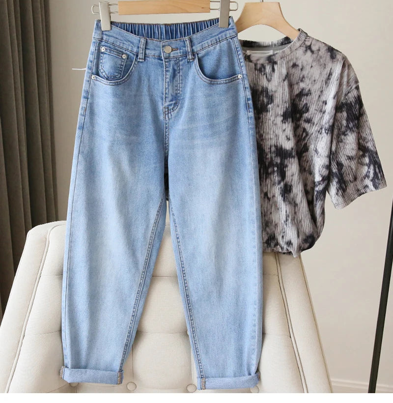 S-5XL Women Jeans Spring Autumn Elastic Waist Light Blue Loose Denim Pants 2023 New Harem Pants Female Casual Trousers