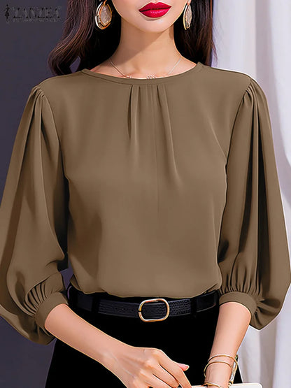 2024 ZANZEA Elegant 3/4 Lantern Sleeve Blouse – Loose-Fit Solid Top for Office, Party & Casual Summer Wear for Women