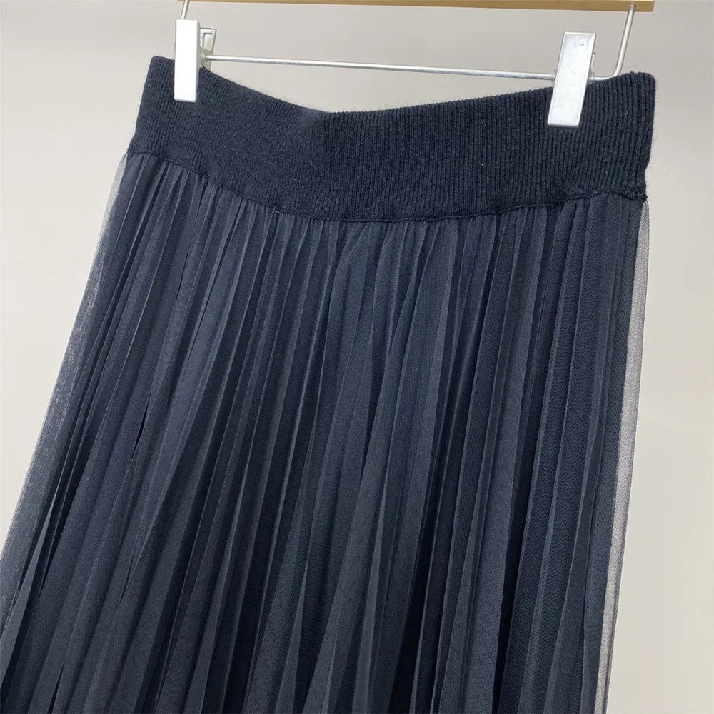 Leisure Versatile Mesh Splicing Cashmere A-Line Skirts For Women High Waist Half