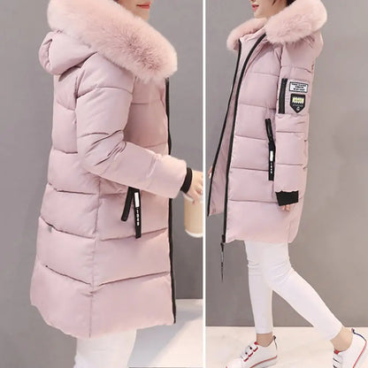 Women's Winter Fashion Cotton Parka, Thick Quilted Hooded Mid-Length Coat, Warm Zip-Up Slim Fit Down Jacket