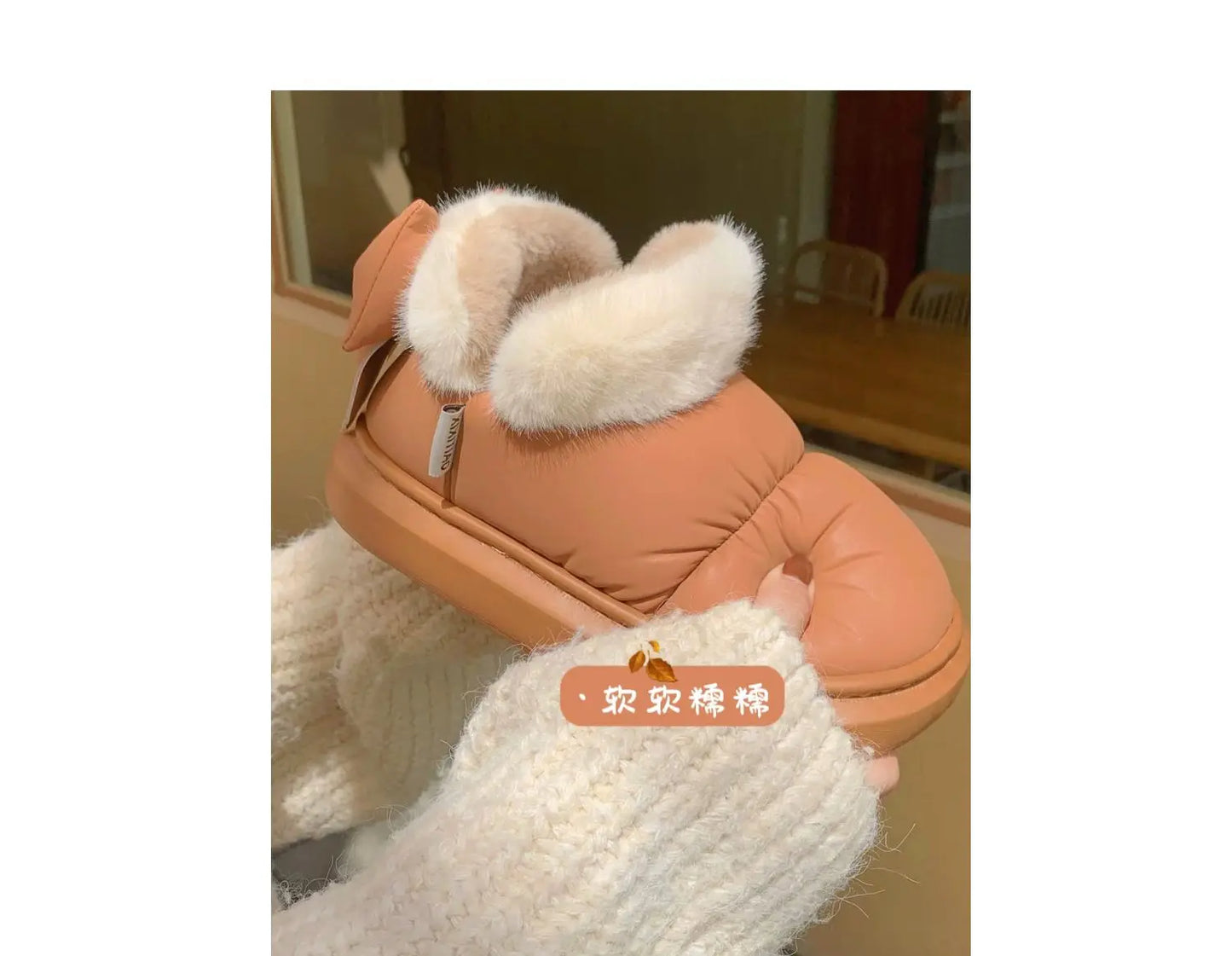 Women's Winter Bow-Knot Ankle Boots – Plush, Insulated, Waterproof PU Cotton Home Slippers