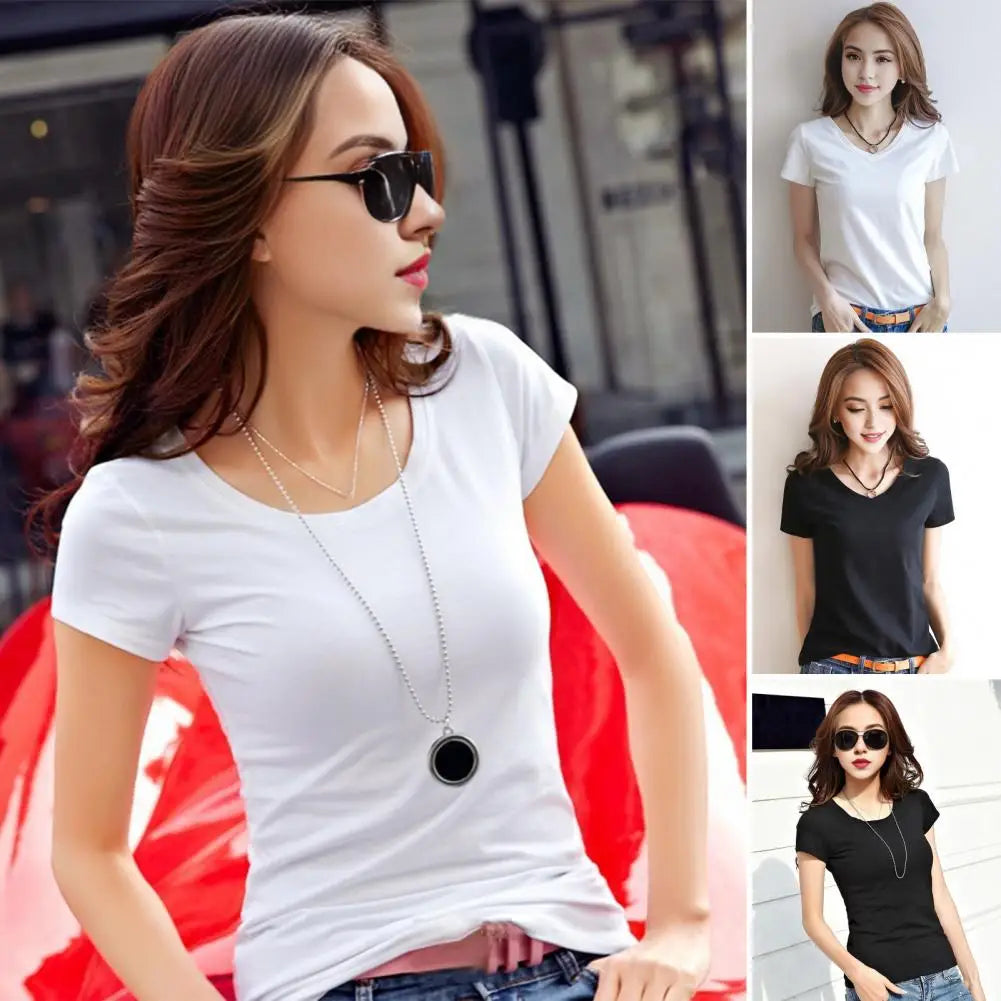 Women's Slim Fit V-Neck T-Shirt – Stretchy Solid Pullover Top for Effortless Streetwear