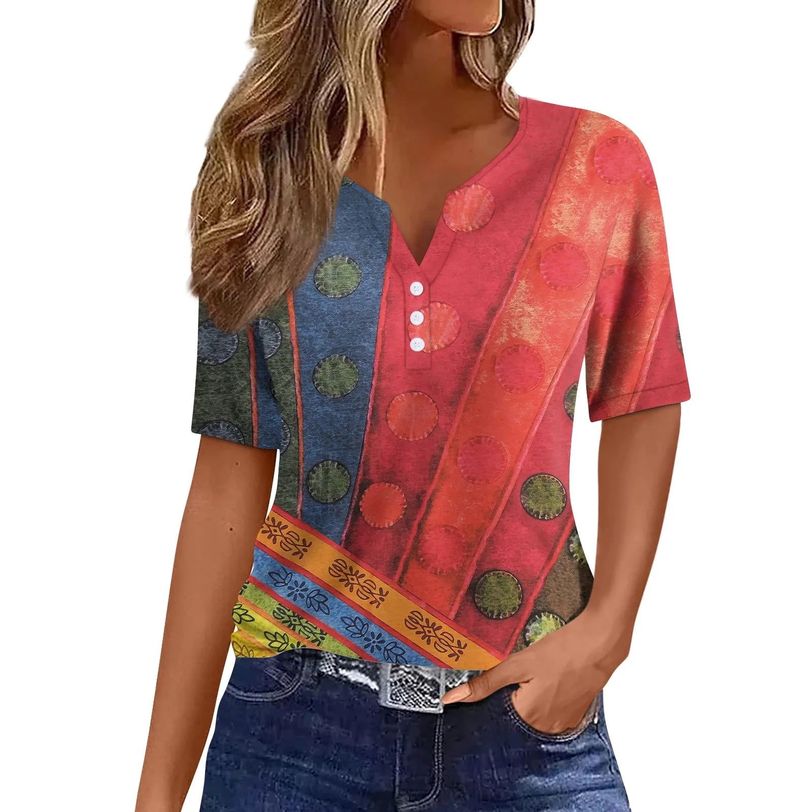 2024 summer new fashion shirts Women's T Shirt Print Button Short Sleeves Daily