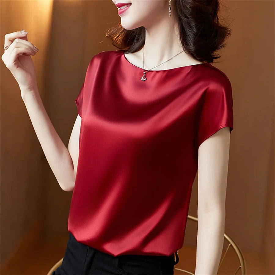 2024 Office Lady Satin Blouse – Sleek Short Sleeve O-Neck Casual Loose Top for Women DF4904