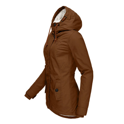 2021 New Style Women's Autumn/Winter Wool-Lined Long Sleeve Jacket - Solid Color Zip-Up Pocket Parka