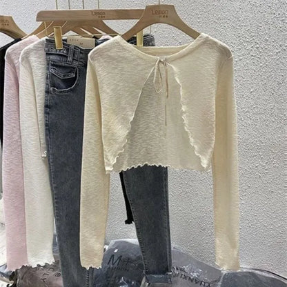 Cardigan fino para as mulheres, lace-up cardigan, estilo coreano, manga lanterna