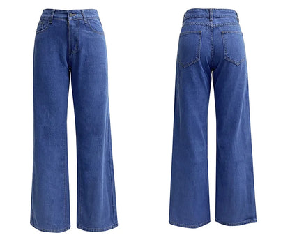 Women’s High-Waisted Straight-Leg Stretch Jeans - Washed Button-Zip Denim, Trendy Spring/Summer 2022 Fashion