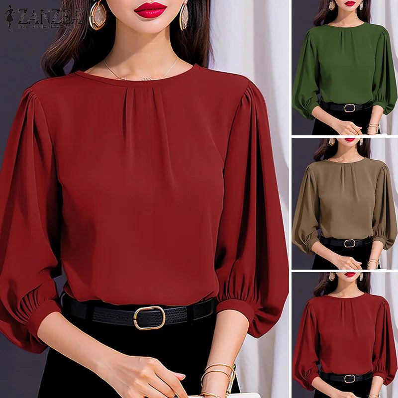 2024 ZANZEA Elegant 3/4 Lantern Sleeve Blouse – Loose-Fit Solid Top for Office, Party & Casual Summer Wear for Women