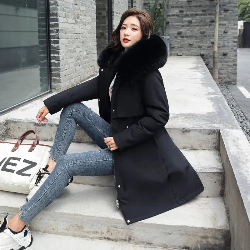 Women's Long Quilted Wool Coat with Fur Collar - Thick, Warm Winter Jacket, New for 2023, Available in 6XL