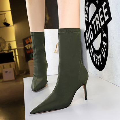 Women's Silk Sock Boots – 7.5cm/10cm Satin Pointed Toe Winter Ankle Booties in Green, Sexy Low Heels