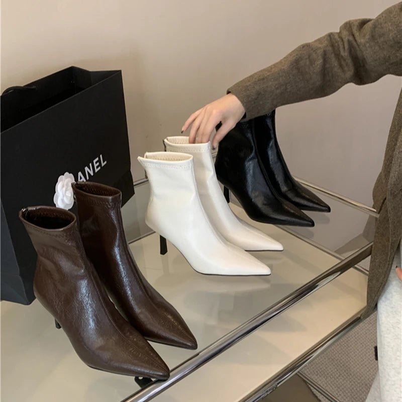 2025 Women's Spring Modern Pointed Toe Ankle Boots – Sleek Soft Leather Short Booties with Chic High Heels