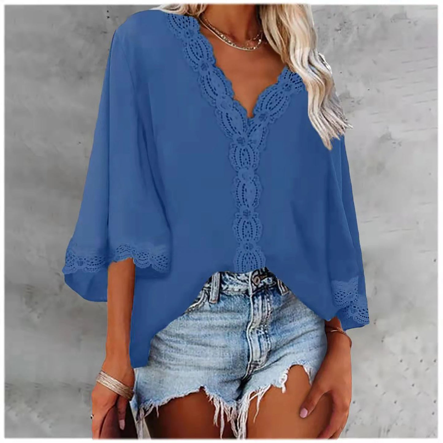 2024 Spring/Summer Flared-Sleeve Lace V-Neck Blouse – European & American-Style Loose Shirt for Women