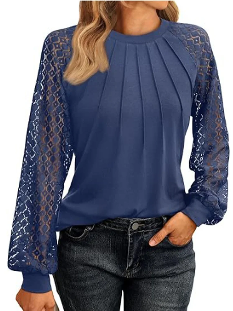 Elegant Women's Lace Blouse – Round Neck Lantern Sleeve Pleated Top for Autumn Casual Wear